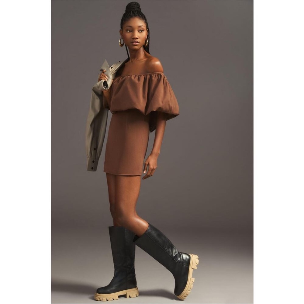 Anthropologie Nikita Mhaisalkar Off-The-Shoulder Bubble Volume Brown Mini Dress